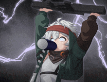 a drawing of a person holding a gun over their head with lightning behind them
