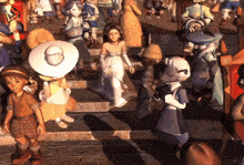 a group of cartoon characters including a bride and groom are standing on a set of stairs