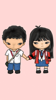 a boy and a girl are holding hands in a cartoon drawing
