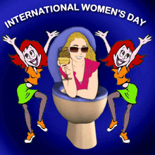 a poster for international women 's day with a woman sitting on a toilet