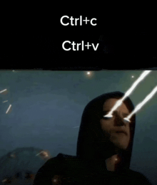 a man in a hoodie is looking up at something with the words ctrl + c and ctrl + v written above him