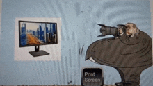 a cartoon of a man taking a picture with a camera and a button that says print screen