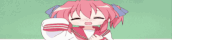 a cartoon girl with pink hair is waving her hand in front of a green background .