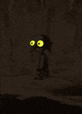a cartoon character with yellow eyes and a bird on his head is walking in the dark .
