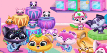 a group of animals are standing around a stack of drums in a room .