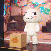 a stuffed animal is standing next to a box with a pumpkin on it in a room