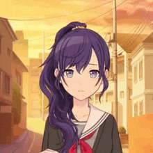 a girl with purple hair and blue eyes is wearing a school uniform and standing on a street .