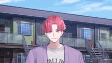 a man with pink hair and a shirt that says all