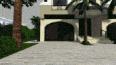a computer generated image of a house with palm trees and a brick driveway