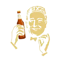 a man in a tuxedo is holding a bottle of beer with a label that says ' king ' on it