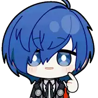 a cartoon drawing of a person with blue hair and blue eyes