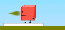 a red cube with arms and legs is standing on top of a white box .