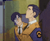 two men are standing next to each other with the letter c on their uniform
