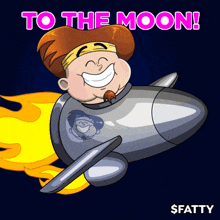 a cartoon of a man on a rocket with the words to the moon written above him