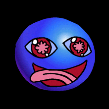 a blue ball with red eyes and a red tongue sticking out