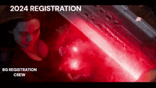a woman is standing in front of a red light that says 2024 registration registration crew