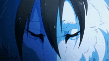 a close up of a cartoon character 's face with a blue background