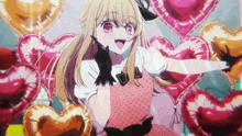 a girl is surrounded by balloons in the shape of hearts