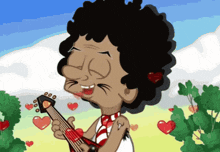 a cartoon of a man playing a guitar with hearts surrounding him