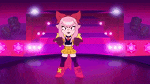 a cartoon character is dancing on a stage with purple lights behind her