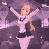 a 3d anime girl is dancing with her arms outstretched on a stage