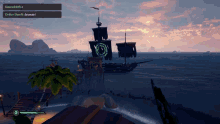 a screenshot of a video game shows a pirate ship in the distance