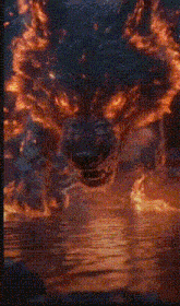 a close up of a painting of a fire wolf