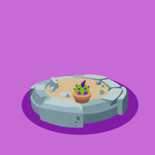 a green cactus with purple spikes is surrounded by purple stars on a purple background