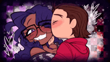 a cartoon drawing of a man kissing a woman