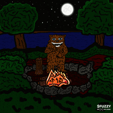 a cartoon of a bear sitting around a campfire with the words $ fuzzy on the bottom right
