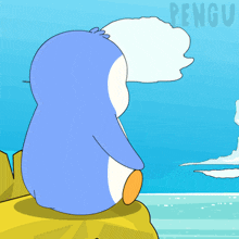 a cartoon penguin is sitting on a rock with a speech bubble above its head and the word pengu is visible