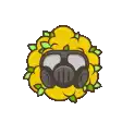 a cartoon illustration of a lion wearing a gas mask surrounded by green leaves .