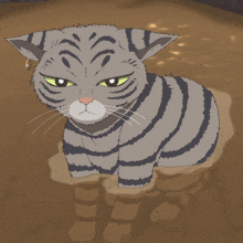 a cartoon drawing of a striped cat with a sad look on its face