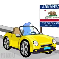 a cartoon of a penguin driving a yellow car in front of an arkansas welcome sign