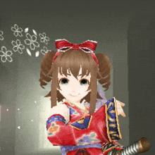 a girl with a red bow on her head is holding a sword
