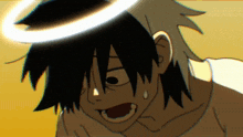 a cartoon character with a halo on his head and a tear coming out of his eye
