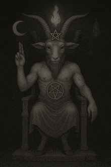a statue of a goat on a throne with the word dracula on his arm