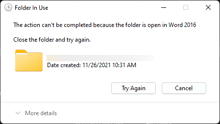 a window that says " the action can t be completed because the folder is open in word 2016 close the folder and try again "