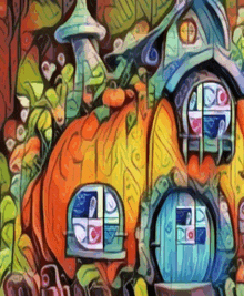 a painting of a house made out of pumpkins with a blue door
