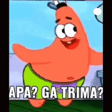 patrick star from spongebob squarepants is dancing with the words apa ? ga trima ? above him .