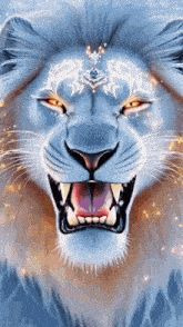 a close up of a lion 's face with its mouth open and its eyes glowing .