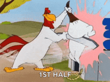 a cartoon of two chickens fighting each other with a sword .