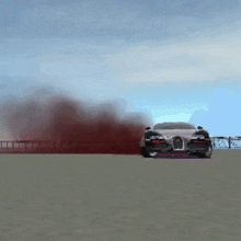 a bugatti car is driving on a track with smoke coming out of the exhaust pipe