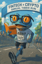 an illustration of a frog running a marathon with the words fintech x crypto annual tibbir run in the background