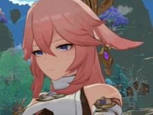 a girl with pink hair and blue eyes is wearing a white shirt