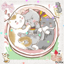 a drawing of three cats in a bowl with picmix written on the bottom right