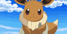 a close up of a cartoon eevee with a blue sky in the background