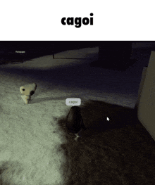 a penguin is standing in the snow next to a stuffed animal with the word cagoi on it