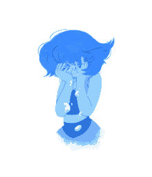 a drawing of a person with blue hair covering their face
