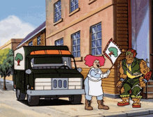 a cartoon drawing of a woman standing next to a truck that says 000 on the front